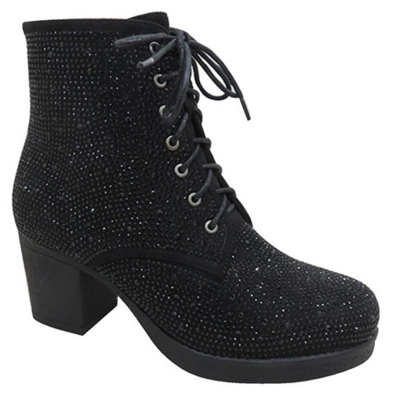 Last Pair! Italina Red Metallic Glitter Rhinestone Embellished Combat Booties - Picture 4 of 6